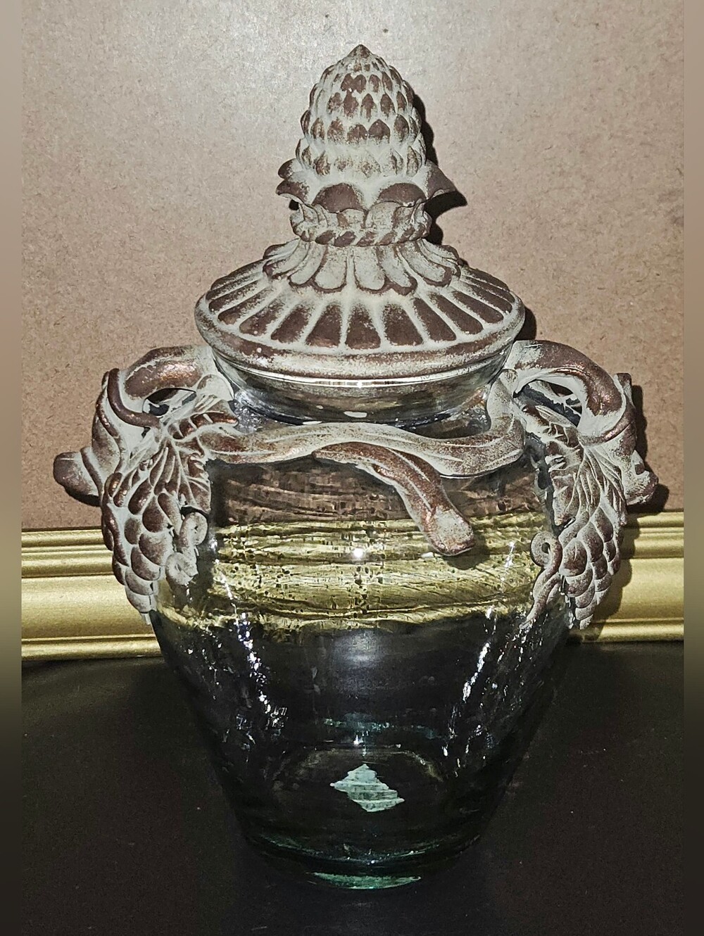 Decorative Glass Jar with Ornate Metal Appearing Lid - Brown and Clear